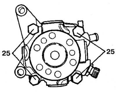 4. Loosen the bolts (25) and remove the flange. Check the flange mating surface for wear and damage.