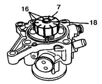 7. Remove the retaining ring (18) from the drive shaft. Replace the retaining ring.