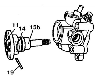13. Remove the drive shaft (11) together with the sleeve (15b) and flange (14) from the pump…