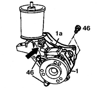 1. Loosen the clamp, disconnect the tube (arrow) and secure it to the side, unscrew the bolts (46)…