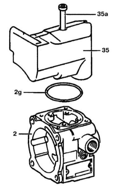 5. Unscrew the four bolts (35a) securing the reservoir (35) and remove it, check the sealing ring…