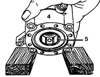 19. Fix the flange (4) between two wooden blocks so that the ring (5) can be removed.
