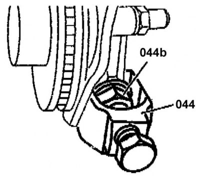 3. Наверніть на вісь опорного шарніра кульової опори упорний елемент (044b), відтягніть назовні…
