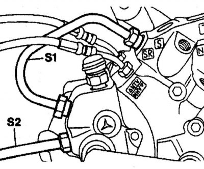 7. Using a wrench, disconnect the delivery pipes (S1) and (S2) from the regulator.