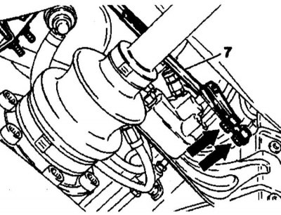 2. Unscrew the two bolts (arrows) and disconnect the connecting rod (7).