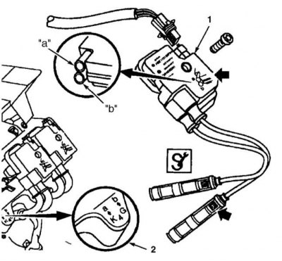 Twin ignition coils for two spark plugs a and b of one cylinder