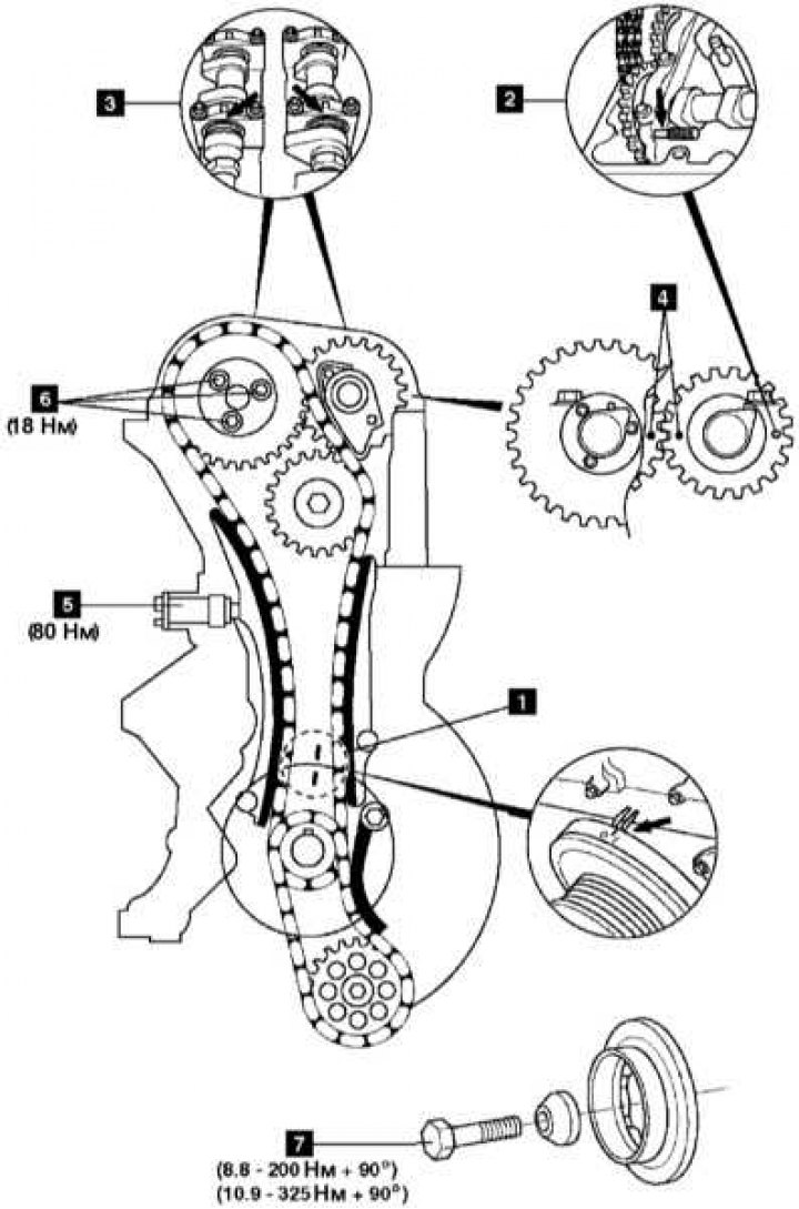 Diagram of the chain drive of the gas distribution mechanism (timing) and stages of the procedure…