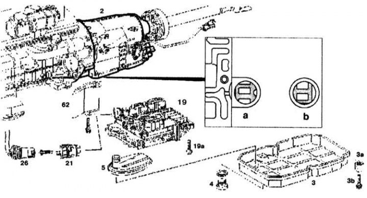 2 - Скоростна кутия; 3 - Палет; 3a - Съединител; 3b, 19a - Болтове; 4 - Запушалка за източване; 5 -…