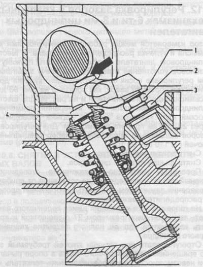 Rajz. 99. A szelepmechanizmus hézagának mérése során a mérési helyet nyíl jelzi (m110 motor).