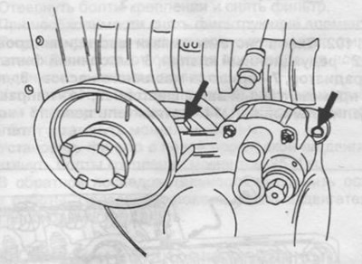 Fig. 104. Installing the oil pump in a six-cylinder engine.