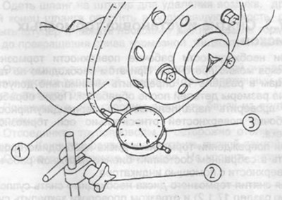 Мал. 252. Перевірка биття гальмівного диска.