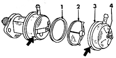1. Kerek tömítés. 2. Szűrő. 3. Fedél. 4. O-gyűrű.
