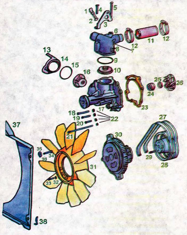 1 - temperature sensor; 2 - gasket; 3 - hanging eye; 4 - bolt; 5 - bolt; 6 - inlet pipe; 7 - bolt;…
